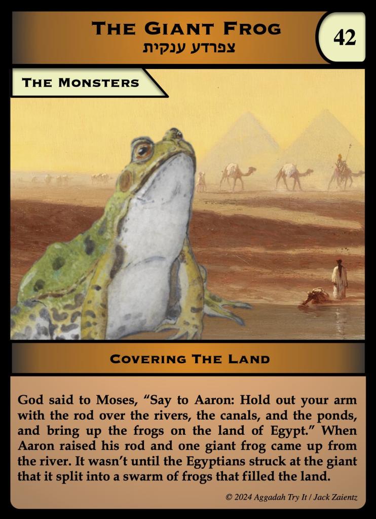 The Giant Frog card. The image shows a giant frog sitting by a desert river, with the great pyramids in the background. The text ends "When Aaron raised his rod and one giant frog came up from the river. It wasn't until the Egyptians struck at the giant that it split into a swarm of frogs that filled the land.